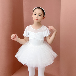 夏季儿童短袖芭蕾舞裙幼儿白色开裆练功服小女孩形体舞服幼儿服装