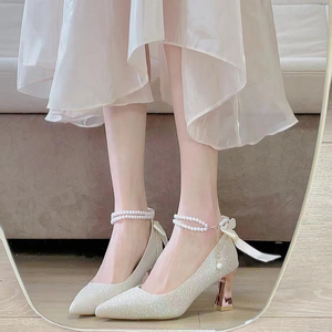 新中式粗跟高跟鞋女尖头配马面裙子旗袍公主18岁成人礼单鞋伴娘鞋