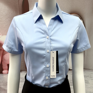 女士短袖V领衬衫抗皱免烫弹性竹纤维面试工作服正装职业蓝色衬衣