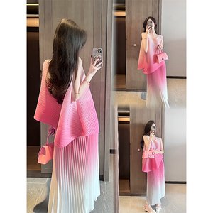 粉色小香风三宅一生套装女式夏季时尚中国风女装褶皱半身裙两件套