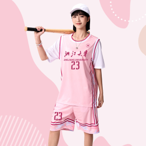 骚粉色篮球服女生套装运动球衣短袖假两件T恤中学生速干运动班服