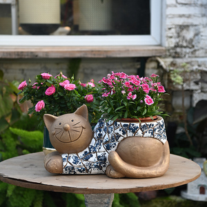 复古仿青花瓷猫花盆摆件可爱卡通动物雕塑花园庭院子装饰阳台布置