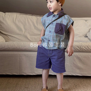波拉bora韩国童装男女童衬衫儿童衬衣2024新款夏季翻领格子上衣小