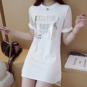 纯棉短袖t恤女中长款夏季2024新款韩版修身白色百搭印花休闲上衣