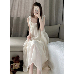 日本GP法式吊带睡衣女款夏季睡裙网纱连衣裙甜美纯欲家居长裙白色