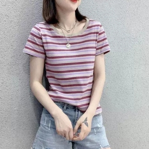 彩色条纹圆领短袖T恤女2023夏季新款韩版宽松冰丝针织打底衫上衣