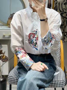 重工刺绣新中式立领白色衬衣女2024春季新品设计感别致中长款衬衫