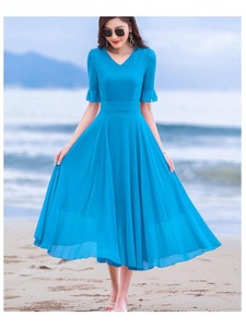 2023新款雪纺连衣裙女夏气质超仙长款大摆红色长裙天蓝色沙滩裙子