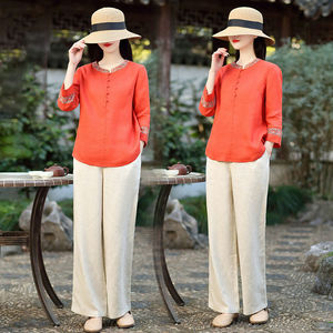 杭州素订系列品牌女装大码棉麻套装女2023夏季新款时尚减龄两件套