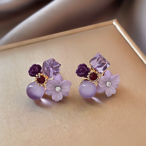 复古紫色水晶花朵耳环女2024年新款小众设计耳饰气质温柔高级耳钉