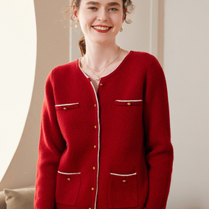 新年红色本命年羊绒开衫女士拼色带兜针织毛衣秋冬款加厚打底外套