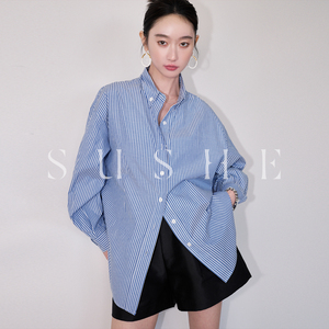 束皙/SUSHE  2024小众设计感通勤法式衬衣蓝色条纹衬衫女上衣春夏