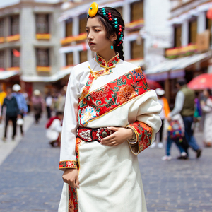 贵族藏袍白色藏族服装女款旅拍写真藏服新款藏式衬衫藏装拉萨西藏