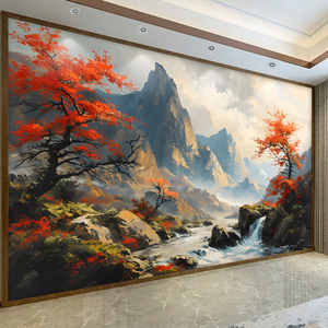 墙纸定制新中式意境山水电视背景墙壁纸客厅壁布装饰影视墙布壁画