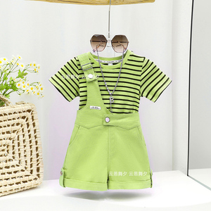 亲子装夏季新款男女童中性韩版条纹套装母女母子时尚背带裤两件套