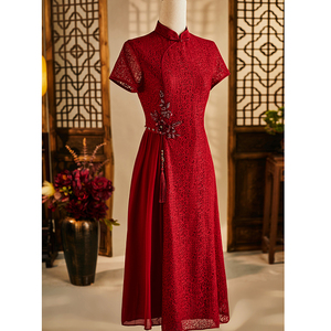 红色旗袍新款2024夏季喜婆婆婚宴装结婚礼服妈妈高贵蕾丝平时可穿
