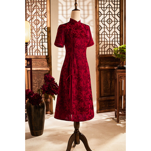 奥黛旗袍2024新款夏季喜婆婆婚宴装平时可穿结婚礼服妈妈高贵红色