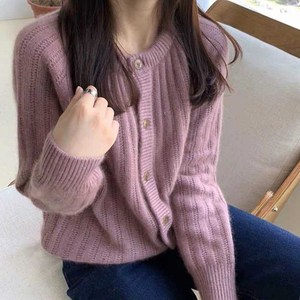 紫色秋冬韩国新款宽松复古风加厚羊毛衫毛衣女外穿针织开衫外套潮