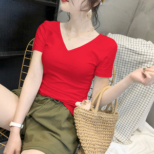 大红色纯棉v领短袖T恤女2024夏季新款修身显瘦外穿打底半袖上衣潮