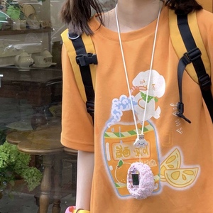 橙橘黄色短袖T恤女新款可爱日系软妹上衣服卡通宽松学生甜美少女