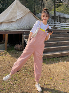 粉色背带裤女2024年夏装新款洋气减龄可爱日系潮流学生束脚九分裤