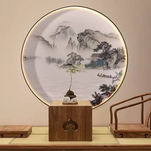 新中式背景墙壁纸圆形画芯3d装饰画入户玄关山水画禅意茶室水墨画