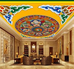 3d藏式八宝吊顶墙纸天花板壁画藏族风格佛堂壁纸西藏唐卡顶棚墙布