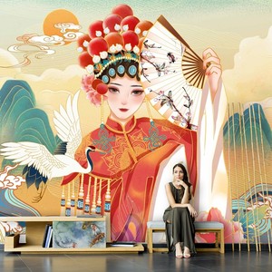 中式手绘抽象艺术电视背景墙纸国潮京剧戏曲人物玄关壁纸客厅墙布