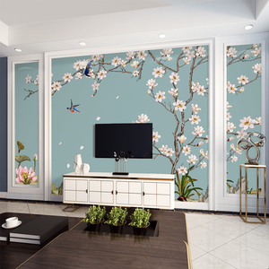 8d现代简约古色电视背景墙壁纸客厅装饰墙纸家和花鸟壁画影视墙布