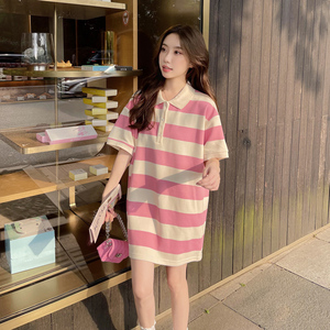 粉色条纹polo连衣裙夏季女2024新款韩系休闲宽松小个子T恤短裙子