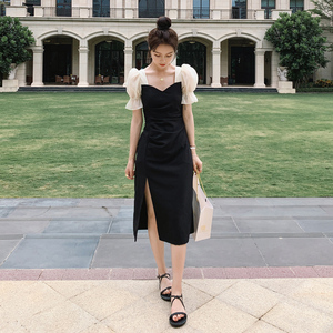 黑色法式高级感连衣裙女夏气质女神范名媛设计感小众修身显瘦裙子