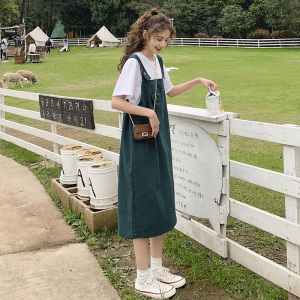 绿色工装背带裙女小清新夏季新款韩版宽松森系学生中长款套装裙子