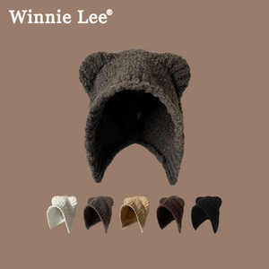 Winnie Lee日本设计师联名款毛绒小熊护耳针织帽冬季保暖毛线帽子