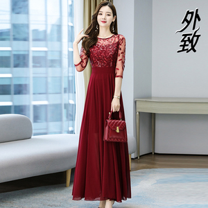 红色雪纺连衣裙女2024新款时尚气质晚礼服蕾丝裙子妈妈高贵长裙