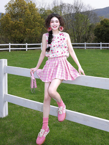 小个子夏天穿搭一整套气质韩版森系甜美小清新粉色碎花短裙套装女