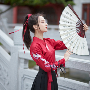 春夏款红色汉服女武侠风中国风演出服装大童运动会班服套装古装男