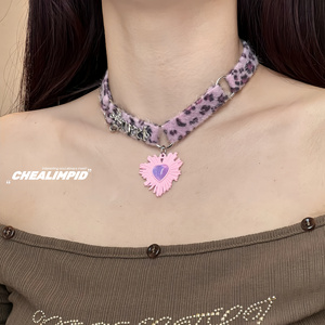 choker/.紫色豹纹y2k甜酷爱心项链辣妹亚文化锁骨小众设计项圈女