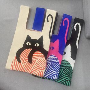 针织编织手提包女手拎包大容量小众设计卡通小猫时尚百搭逛街旅游