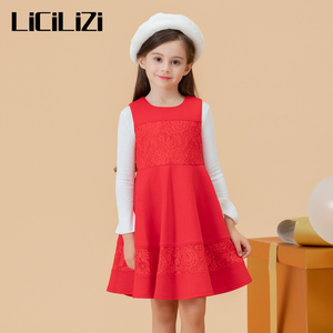 LiCiLiZi粒子女童连衣裙红色蕾丝拼接圆领无袖国庆生日晚宴礼服裙