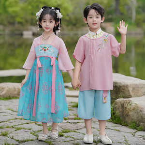 汉服女童连衣裙夏季男童中国风古装薄款短袖演出服儿童唐装少爷服