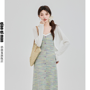 夏装新款法式韩系绿色针织气质小众设计背心吊带连衣裙女背带裙子