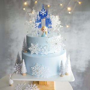 冬日圣诞树雪花城堡蛋糕插牌冰雪世界蓝裙公主女孩生日蛋糕装饰