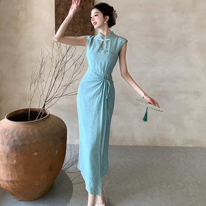 新中式国风气质改良旗袍收腰显瘦立领连衣裙夏季包袖镂空中长裙女