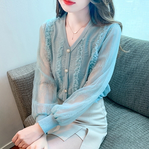 韩版v领木耳边针织衫甜美减龄蓝色小衫春秋蕾丝拼接灯笼袖上衣女