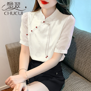 国风白色衬衫女夏季新中式配马面裙盘扣上衣民族风气质短袖雪纺衫