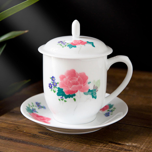 醴陵瓷器釉下五彩陶瓷茶杯手绘毛瓷办公杯中式带盖泡茶杯高端精致