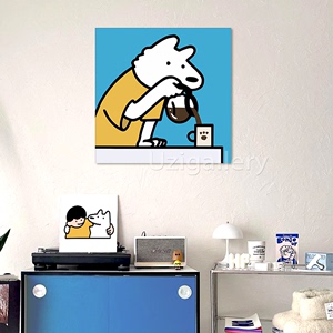 博主同款倒咖啡的蓝色小狗无框装饰画卧室背景墙挂画电视斗柜摆画