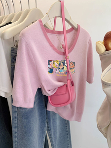 粉色柔和桃短袖t恤女夏日多巴胺薄款冰丝针织衫短款印花甜辣小衫