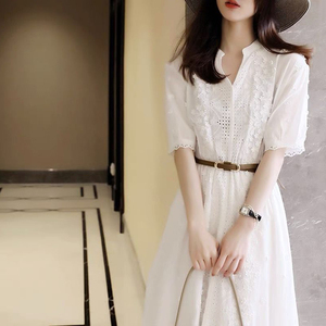 欧洲站夏装新款白色仙女裙显瘦小众蕾丝长裙文艺风气质仙气连衣裙