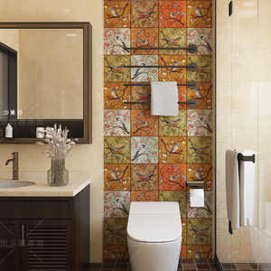 美式复古高级感花鸟方砖壁纸洗手间厕所阳台厨房防水墙纸瓷砖贴纸